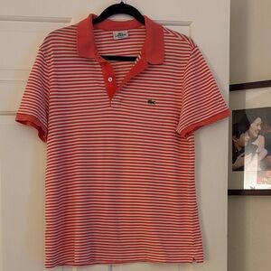 Lacoste Coral and White Striped Polo